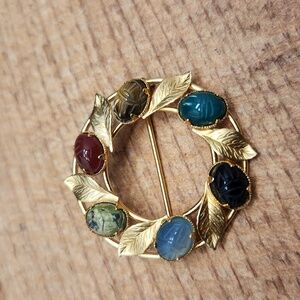 Vintage Karen Lynne Gold Filled Scarab Brooch Multi Stone Leaves